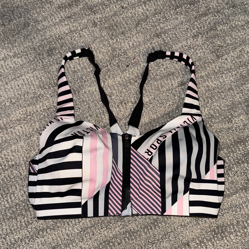 Victoria's Secret Pink, Black & White Striped Front-Zip Sports Bra